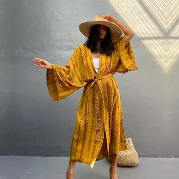 Синий богемный галстук-краситель в полоску, накидки на бикини, длинная туника, сексуальное платье-кимоно, женская пляжная одежда больших размеров, купальный костюм, накидка Q1314 One size синий