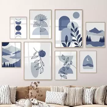 Синий Бохо абстрактный пейзаж плакаты и принты геометрическая линия горы солнце лист настенная живопись на холсте гостиная домашний декор A4 21X30cm No Framed