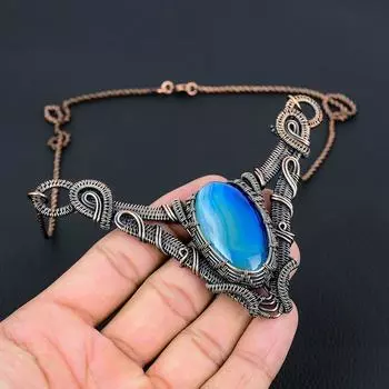 Синий ботсванский агат, драгоценный камень, чистая медная проволока, обернутое ожерелье ручной работы, ювелирные изделия для нее 18 Inches синий