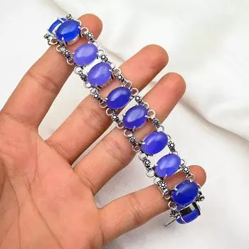 Синий браслет из халцедона, ювелирные изделия из стерлингового серебра 925 пробы, браслет с драгоценными камнями, подарок для нее, изящные ювелирные изделия ручной работы 8 inches with Adjustable синий