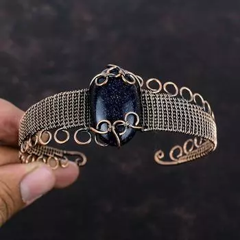 Синий браслет из солнечного камня, браслет-манжета с медной проволокой, ювелирные изделия из драгоценных камней, регулируемый браслет-манжета, браслет с медной проволокой, ювелирные изделия ручной работы
