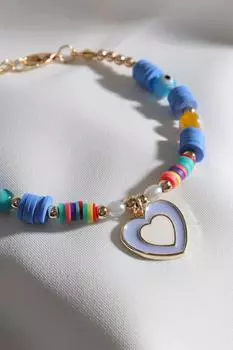 Синий - Браслет-сердце Fimo с бисером и сиреневой эмалью