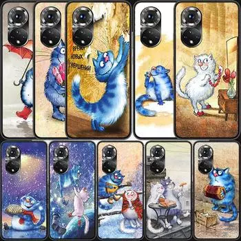 Синий чехол для телефона с изображением мультяшного кота для Huawei P Smart 2021 Y5 Y6 Y7 Y9 Honor 50 20 Pro 10 10I 9 9X Y9S 8 8A 8X 8S 7S Huawei Y6 2019