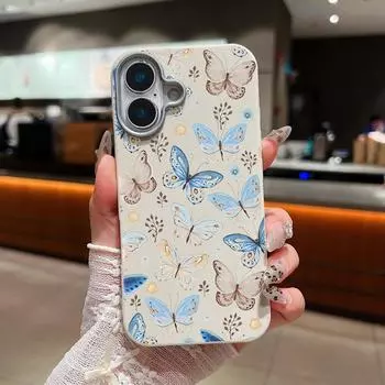Синий чехол для телефона с текстурой кожи и принтом бабочек для iPhone 16 Pro Max 15 Plus 14 Pro 13 12 11 матовый тонкий противоударный мягкий бампер из ТПУ iPhone 16 чёрный