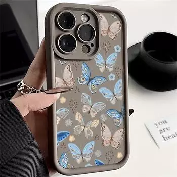Синий чехол с рисунком бабочки из ТПУ, мягкий чехол для телефона для iPhone 16 Pro Max 15 Pro 14 Plus 13 12 11 XR XS 8 7, защитный матовый противоударный бампер iPhone 16 чёрный