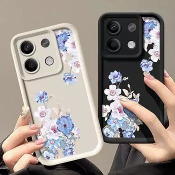 Синий цветочный матовый мягкий чехол для Xiaomi 14T 13T Poco F6 X6 Pro Redmi Note 14 Pro 13 12 11 10 TPU противоударный защитный чехол для объектива телефона Xiaomi 14T чёрный