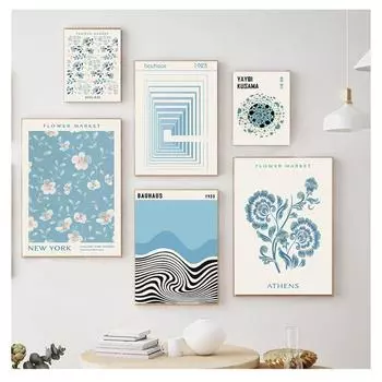 Синий цветочный рынок плакаты и принты Баухаус Уильям Моррис настенная живопись на холсте скандинавская гостиная украшение дома фреска 21x30cm No Frame