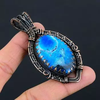 Синий дендрит опал драгоценный камень чистая медная проволока обернутая ювелирные изделия ручной работы кулон 3.07 Inches синий