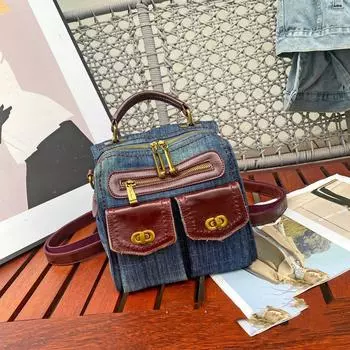 Синий деним в стиле ретро, кожаный рюкзак, перчатки через плечо, многофункциональная женская сумка, дизайн с цветовыми блоками, женская сумка.