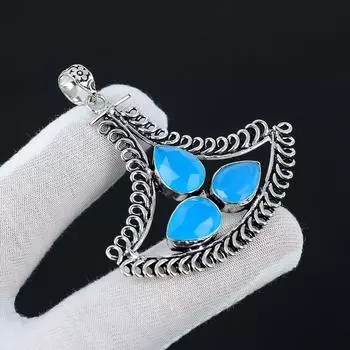 Синий драгоценный камень халцедон. Драгоценный камень высшего качества. Подвеска ручной работы. Подвеска из стерлингового серебра 925 пробы, антикварная подвеска, подвеска из трех камней для подарков. 2.36 синий