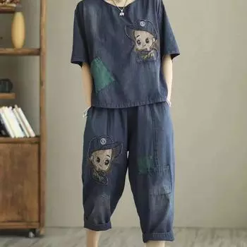 Синий джинсовый костюм размера плюс, женский ковбойский комплект из 2 предметов, летние наряды, топ и брючные костюмы с цветочной вышивкой, свободная повседневная одежда XXXL синий