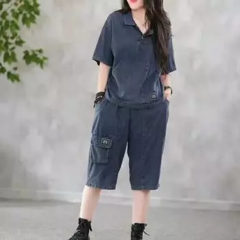 Синий джинсовый костюм размера плюс, женский ковбойский комплект из 2 предметов, летние наряды, топ и брючные костюмы с цветочной вышивкой, свободная повседневная одежда M серый