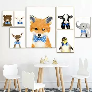 Синий галстук-бабочка, прекрасная картина на холсте с изображением животных, с поттерами и принтами, настенное искусство, картина с тигром для комнаты для мальчиков, декор для стены без рамки 21*30cm No Frame