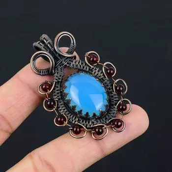 Синий халцедон драгоценный камень чистая медная проволока обернутая ювелирные изделия ручной работы кулон 2.36 Inches синий