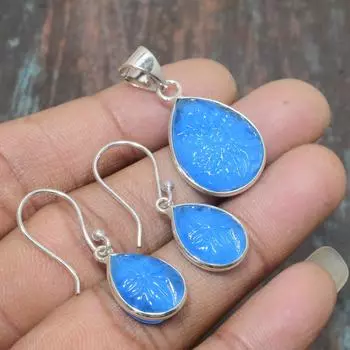 Синий халцедон, драгоценный камень, подвеска из стерлингового серебра 925 пробы ручной работы + комплект ювелирных изделий из сережек синий