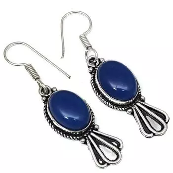 Синий халцедон драгоценный камень ручной работы подарок для нее серебряные ювелирные серьги 1,5