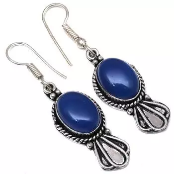 Синий халцедон драгоценный камень ручной работы подарок для нее серебряные ювелирные серьги 1,5