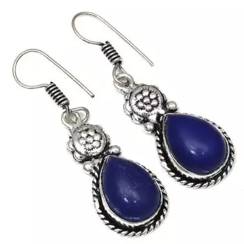 Синий халцедон драгоценный камень ручной работы подарок для нее серебряные ювелирные серьги 1,5