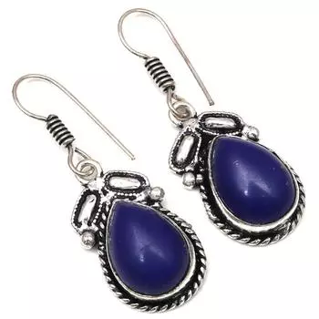 Синий халцедон драгоценный камень ручной работы подарок для нее серебряные ювелирные серьги 1,5