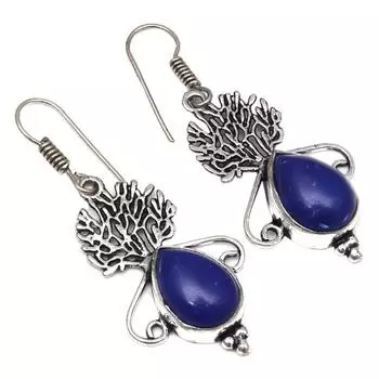 Синий халцедон драгоценный камень ручной работы подарок для нее серебряные ювелирные серьги 1,5