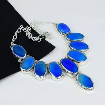 Синий халцедон драгоценный камень ручной работы серебро 925 пробы гальванопластика ожерелье, синий халцедон серебро для жены унисекс ожерелье праздничный наряд подарки 20 синий