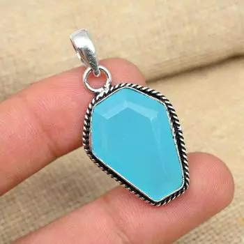 Синий халцедон, драгоценный камень, стерлинговое серебро 925 пробы, подвеска ручной работы в форме гроба, ювелирные изделия 1.57 Inches синий