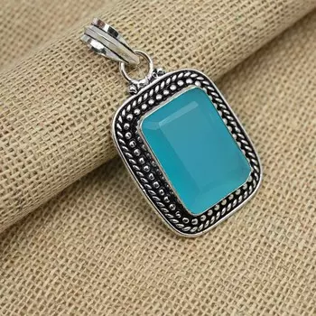 Синий халцедон драгоценный камень стерлингового серебра 925 пробы кулон ручной работы уникальные украшения 1.77 Inches синий