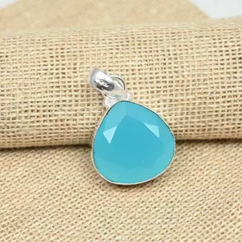 Синий халцедон драгоценный камень стерлингового серебра 925 пробы ручной работы кулон ювелирные изделия красивый подарок для нее 1.377 Inches синий