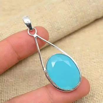 Синий халцедон Твердый стерлинговый серебристый стерлинговый серебристый стерлинговый серебристый 925 ручной работы Необычный кулон 2.16 Inches синий