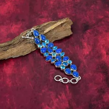 Синий халцедон, ювелирные изделия с голубым топазом, браслет из чистого серебра 925 пробы с драгоценными камнями, ювелирные изделия ручной работы, на День памяти Adjustable With 8 Inches синий