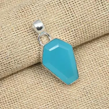 Синий халцедоновый драгоценный камень 925 пробы Серебряный кулон ручной работы в виде гроба 1.57 Inches синий