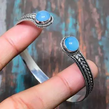 Синий халцедоновый драгоценный камень ручной работы Твердый стерлинговый серебристый стерлинговый серебристый браслет 925 пробы Регулируемый Adjustable синий