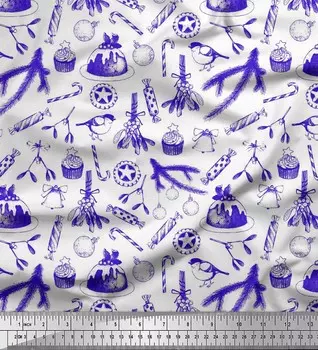 Синий хлопковый поплин Soimoi, конфеты | Рождественские колокольчики и безделушки с принтом на ткани в ярдах, 42 дюйма 42 Inch Wide - Poly Crepe чёрный