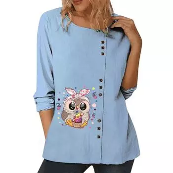 Синий хлопковый топ для женщин с уникальными индивидуальными принтами, круглым вырезом, длинными рукавами и пуговицами, размеры S-5XL S