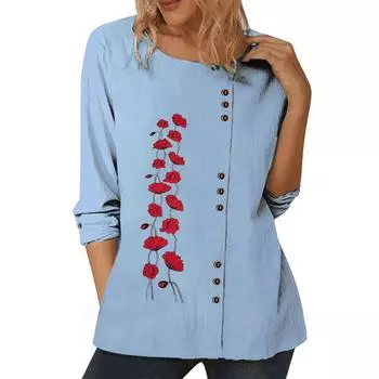 Синий хлопковый женский топ с разными принтами, круглым вырезом, длинными рукавами и пуговицами, размеры S-5XL S