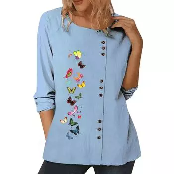 Синий хлопковый женский топ с разными принтами, круглым вырезом, длинными рукавами и пуговицами, размеры S-5XL S