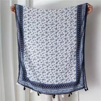 Синий и Белый Цветочный Этнический Марлевый Шарф - Женский Осенне-Зимний Шарф-Палантин из Шелка, Хлопка и Льна 180x90 cm