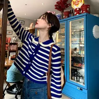 Синий и белый полосатый вязаный кардиган женский короткий свободный 2022 ранняя весна и осень свитер с кукольным воротником кардиган пальто