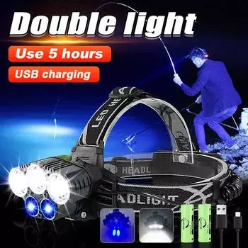 Синий и белый свет, светодиодный налобный фонарь 18650, перезаряжаемый налобный фонарик, водонепроницаемый налобный фонарь для рыбалки without battery