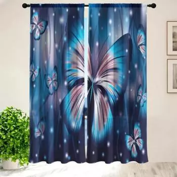 Синий и фиолетовый элемент бабочки напечатанный высокий затемняющий карниз для штор оконное оформление для спальни офиса кухни комнаты W55 X H120cm X 2&HOOK