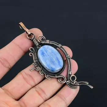 Синий кианит драгоценный камень ручной работы из чистой медной проволоки ювелирное изделие кулон для женщин 4.06 Inches синий