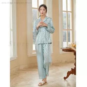 Синий клетчатый пижамный комплект с длинными рукавами, свободная повседневная одежда для сна, весенняя тонкая домашняя одежда, женское сексуальное интимное белье, одежда для отдыха M синий