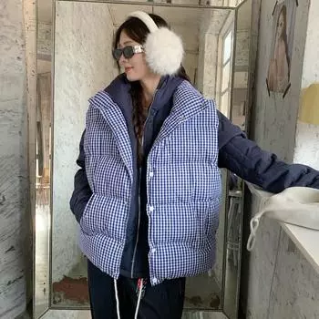 Синий клетчатый пуховик с хлопковой подкладкой, женская зимняя утепленная верхняя одежда, куртка с хлопковой подкладкой S