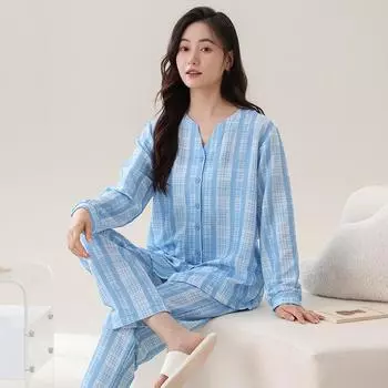 Синий клетчатый женский пижамный комплект осень-зима с длинными рукавами и длинными штанами повседневная пижама милая пижама кавайная пижама уютная мягкая M