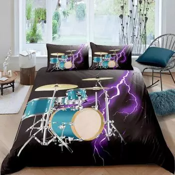 Синий комплект постельного белья с барабанной установкой из микрофибры, рок-н-ролл, поп-музыка, комплект постельного белья для двоих, музыкальный инструмент, блестящие линии, чехол для одеяла EU single(135x200cm)