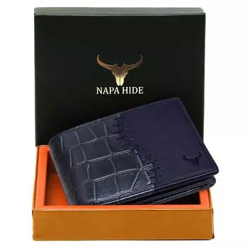 Синий кожаный мужской кошелек I 4 отделения для карт I 2 отделения для купюр I 1 окошко для удостоверения личности I 3 секретных отделения I внешнее отделение для карт I 1 карман для монет