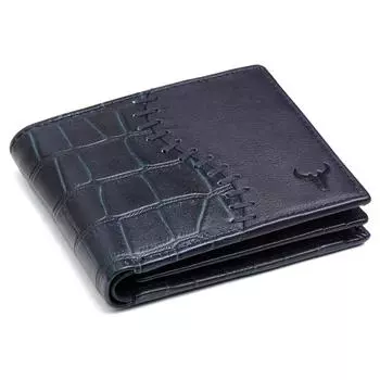 Синий кожаный мужской кошелек I 4 отделения для карт I 2 отделения для купюр I 1 окошко для удостоверения личности I 3 секретных отделения I внешнее отделение для карт I 1 карман для монет