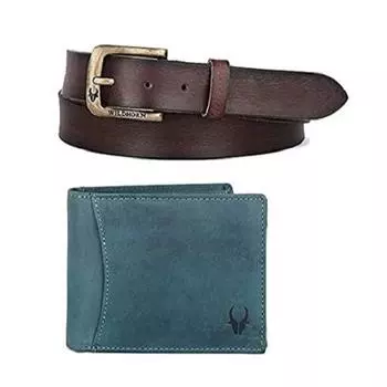 Синий кожаный мужской кошелек и ремень в комплекте