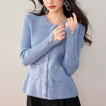 Синий круглый вырез кардиган вязаный для женщин осень и зима новый маленький аромат дизайн карман свитер S синий
