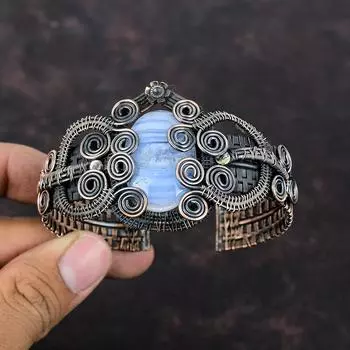 Синий кружевной агат, драгоценный камень, медная проволока, браслет-манжета, уникальный браслет ручной работы, регулируемый браслет, свадебный подарок, ювелирные изделия из медной проволоки